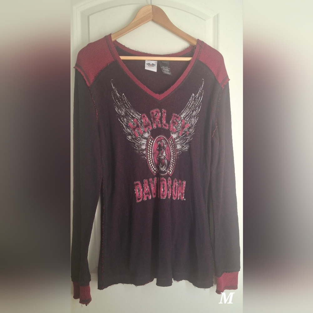 Harley-Davidson Women's Dark Red Graphic Long Sleeve Tee Biker Grunge XL - Picture 2 of 14
